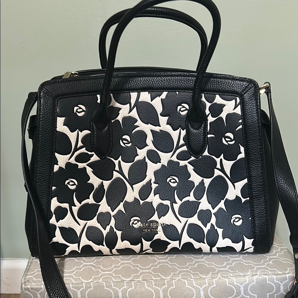 Kate Spade Black and White Leaf Pattern Satchel
